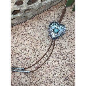 Turquoise Heart Bolo Necklace Cord Silver tip Christmas Gift Concho Western Xmas
